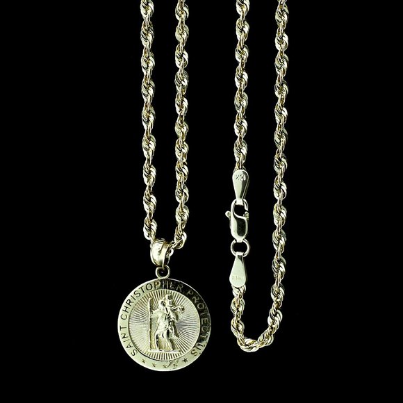 10K Real Gold Rope Chain and Saint Christopher Pendant Set - Picture 1 of 11